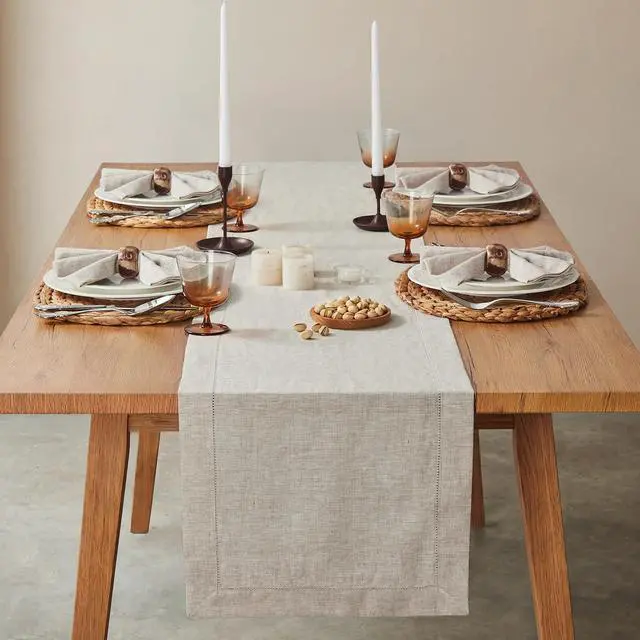 Alt view image 2 of 7 - KINGSTONE 100% Pure French Linen Table Runner 108 Inches Long, Natural Hemstitch Tablecloth with Mitered Corners, Crease-Free Scroll Packaging, 14x108 for Easter, Mother's Day, Farmhouse Decor