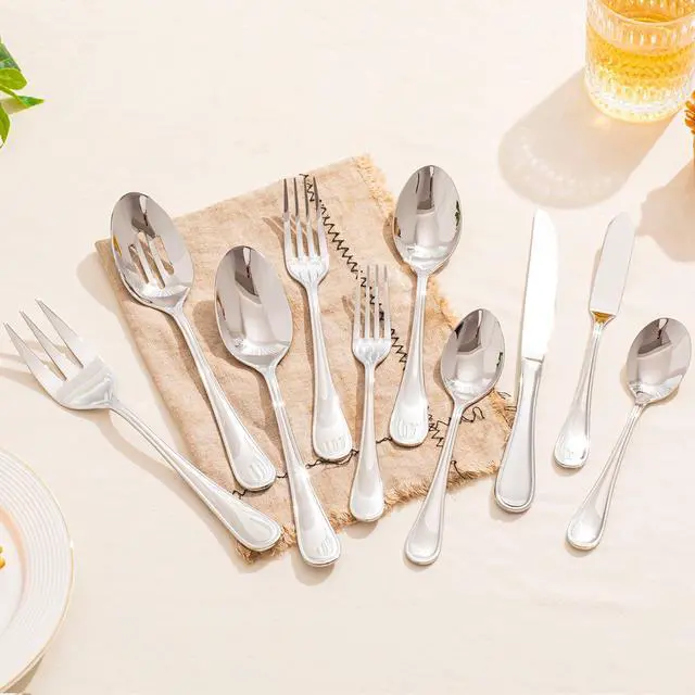 Alt view image 2 of 7 - 45 Piece Silverware Set for 8 with Serving Utensils, 18/10 Stainless Steel | KINGSTONE Teardrop Heavy Cutlery Set, Mirror Polished Knives Forks and Spoons Utensils, Dishwasher Safe for Kitchen Wedding