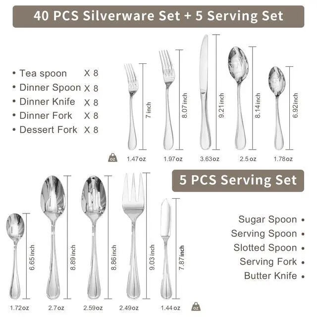 Alt view image 3 of 7 - 45 Piece Silverware Set for 8 with Serving Utensils, 18/10 Stainless Steel | KINGSTONE Teardrop Heavy Cutlery Set, Mirror Polished Knives Forks and Spoons Utensils, Dishwasher Safe for Kitchen Wedding
