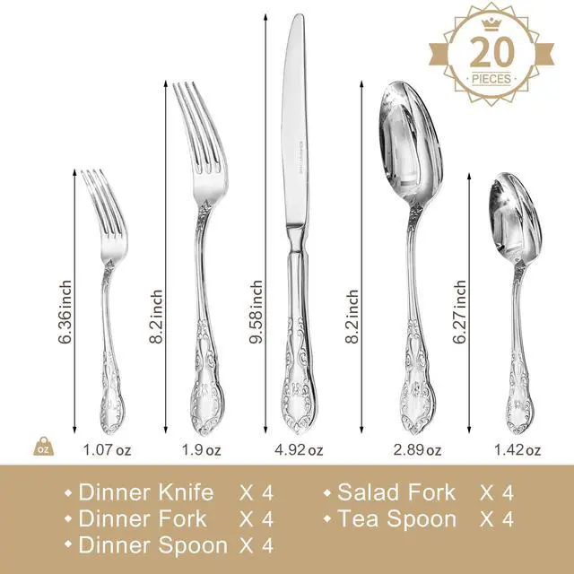 Alt view image 2 of 7 - KINGSTONE 20-Piece Vintage Silverware Set, 18/10 Stainless Steel Flatware | Retro Utensils, Cutlery Set, Mirror Polished Finish, Dishwasher Safe, for Home, Wedding & Housewarming Gift