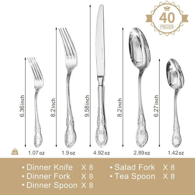 Alt view image 2 of 7 - KINGSTONE 40-Piece Vintage Silverware Set, 18/10 Stainless Steel Flatware | Retro Utensils, Cutlery Set, Mirror Polished Finish, Dishwasher Safe, for Home, Wedding & Housewarming Gift