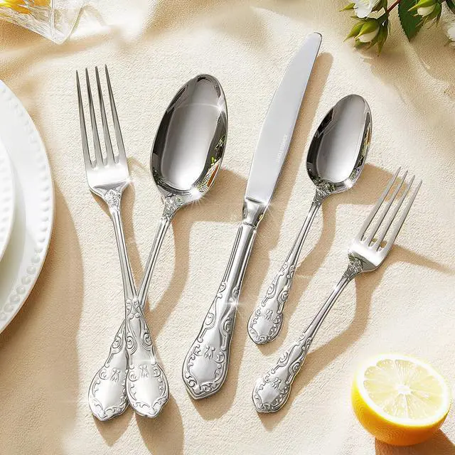 Alt view image 4 of 7 - KINGSTONE 60-Piece Vintage Silverware Set, 18/10 Stainless Steel Flatware | Retro Utensils, Cutlery Set, Mirror Polished Finish, Dishwasher Safe, for Home, Wedding & Housewarming Gift