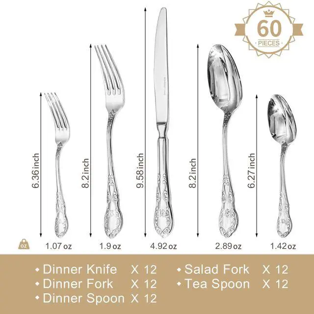 Alt view image 2 of 7 - KINGSTONE 60-Piece Vintage Silverware Set, 18/10 Stainless Steel Flatware | Retro Utensils, Cutlery Set, Mirror Polished Finish, Dishwasher Safe, for Home, Wedding & Housewarming Gift