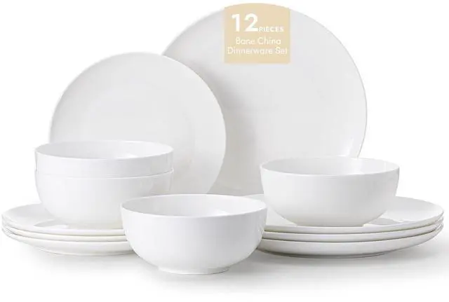 Main image of KINGSTONE Bone China Dinnerware Set for 4, 12-Piece Plates and Bowls Set | Lightweight Porcelain Dish Set, Scratch Resistant, Oven & Microwave & Dishwasher Safe, Ivory White