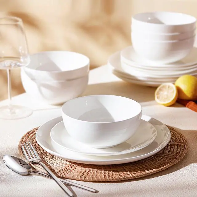 Alt view image 3 of 7 - KINGSTONE Bone China Dinnerware Set for 4, 12-Piece Plates and Bowls Set | Lightweight Porcelain Dish Set, Scratch Resistant, Oven & Microwave & Dishwasher Safe, Ivory White