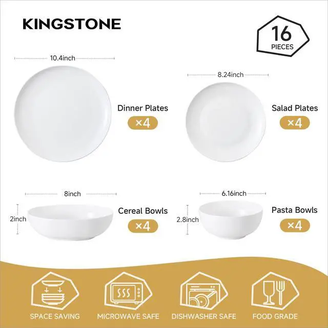 Alt view image 2 of 7 - KINGSTONE Bone China Dinnerware Set for 4, 16-Piece Plates and Bowls Set | Lightweight Porcelain Dish Set, Scratch Resistant, Oven & Microwave & Dishwasher Safe, Ivory White