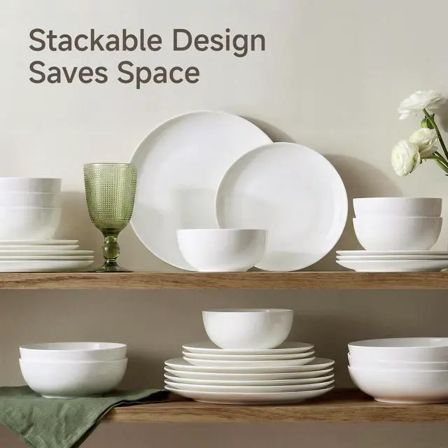 Alt view image 6 of 7 - KINGSTONE Bone China Dinnerware Set for 4, 16-Piece Plates and Bowls Set | Lightweight Porcelain Dish Set, Scratch Resistant, Oven & Microwave & Dishwasher Safe, Ivory White