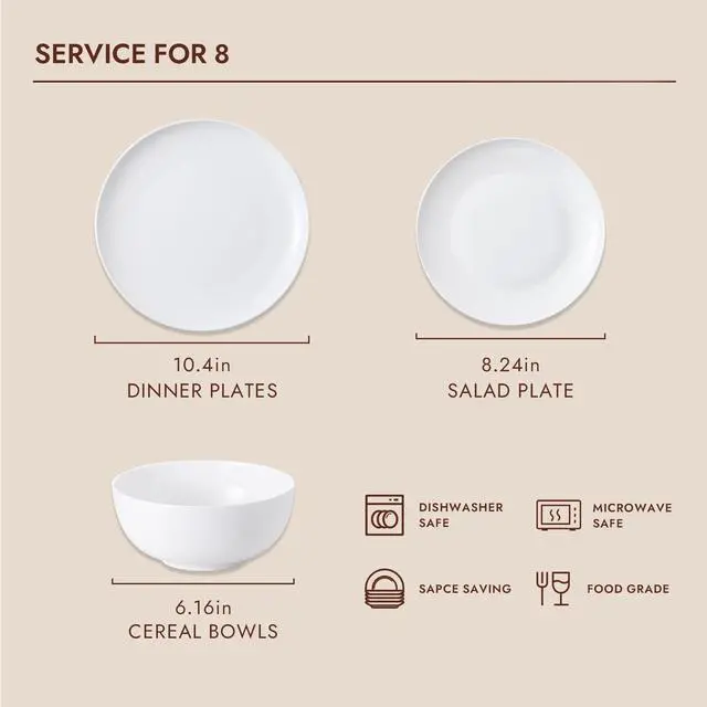 Alt view image 4 of 7 - KINGSTONE 24pc Bone China Dinnerware Set with 40pc Flatware, White, for 8 | Lightweight, Durable & Scratch Resistant Porcelain | Microwave/Dishwasher Safe Cutlery Included | For Dining & Gifting