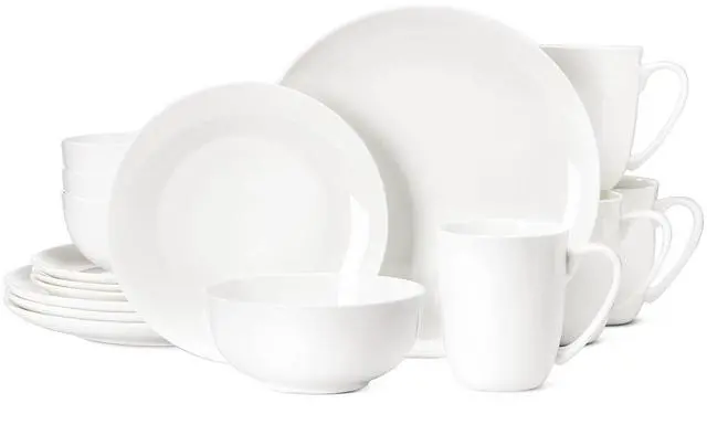 Main image of KINGSTONE Bone China Dinnerware Set for 4, 16-Piece Plates Bowls and Cups | Lightweight Porcelain Dish Set, Scratch Resistant, Durable Ceramic, Oven & Microwave & Dishwasher Safe, Ivory White