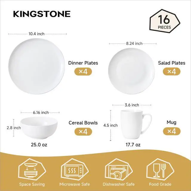Alt view image 2 of 7 - KINGSTONE Bone China Dinnerware Set for 4, 16-Piece Plates Bowls and Cups | Lightweight Porcelain Dish Set, Scratch Resistant, Durable Ceramic, Oven & Microwave & Dishwasher Safe, Ivory White