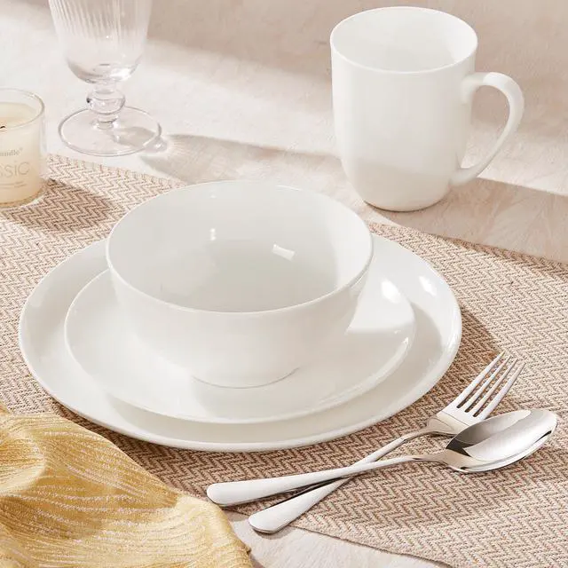 Alt view image 3 of 7 - KINGSTONE Bone China Dinnerware Set for 4, 16-Piece Plates Bowls and Cups | Lightweight Porcelain Dish Set, Scratch Resistant, Durable Ceramic, Oven & Microwave & Dishwasher Safe, Ivory White