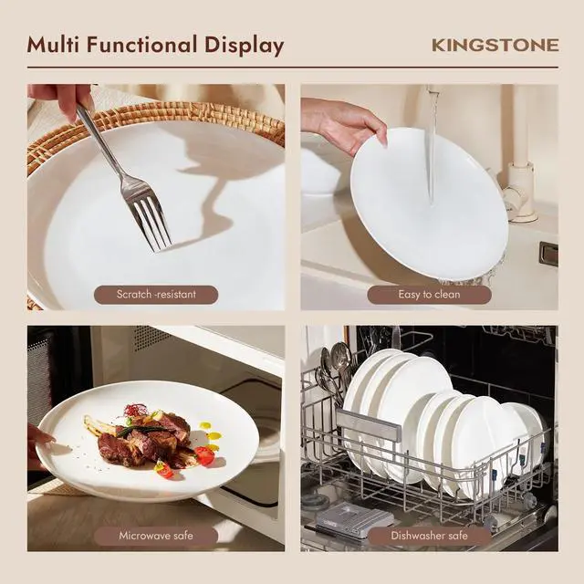 Alt view image 7 of 7 - KINGSTONE Bone China Dinnerware Set for 4, 16-Piece Plates Bowls and Cups | Lightweight Porcelain Dish Set, Scratch Resistant, Durable Ceramic, Oven & Microwave & Dishwasher Safe, Ivory White