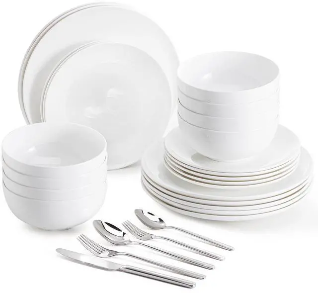 Main image of KINGSTONE 24pc Bone China Dinnerware Set with 40pc Flatware, White, for 8 | Lightweight, Durable & Scratch Resistant Porcelain | Microwave/Dishwasher Safe Cutlery Included | For Dining & Gifting