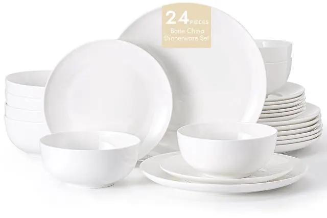 Main image of KINGSTONE Bone China Dinnerware Set for 8, 24-Piece Plates and Bowls Set | Lightweight Porcelain Dish Set, Scratch Resistant, Oven & Microwave & Dishwasher Safe, Ivory White
