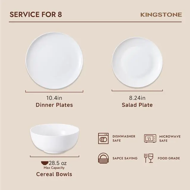 Alt view image 3 of 7 - KINGSTONE Bone China Dinnerware Set for 8, 24-Piece Plates and Bowls Set | Lightweight Porcelain Dish Set, Scratch Resistant, Oven & Microwave & Dishwasher Safe, Ivory White