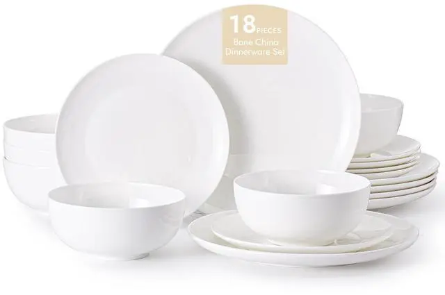Main image of KINGSTONE Bone China Dinnerware Set for 6, 18-Piece Plates and Bowls Set | Lightweight Porcelain Dish Set, Scratch Resistant, Oven & Microwave & Dishwasher Safe, Ivory White