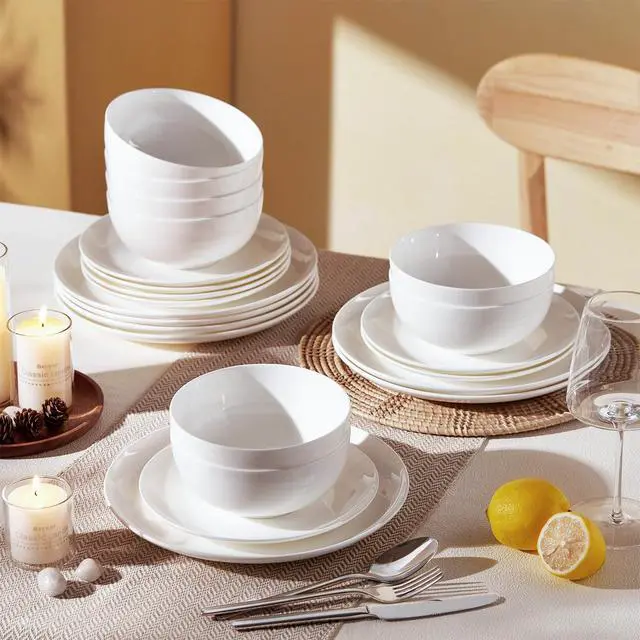 Alt view image 7 of 7 - KINGSTONE Bone China Dinnerware Set for 6, 18-Piece Plates and Bowls Set | Lightweight Porcelain Dish Set, Scratch Resistant, Oven & Microwave & Dishwasher Safe, Ivory White