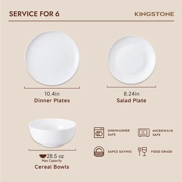 Alt view image 3 of 7 - KINGSTONE Bone China Dinnerware Set for 6, 18-Piece Plates and Bowls Set | Lightweight Porcelain Dish Set, Scratch Resistant, Oven & Microwave & Dishwasher Safe, Ivory White