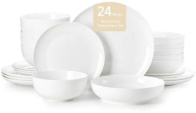 Main image of KINGSTONE Bone China Dinnerware Set for 6, 24-Piece Plates and Bowls Set | Lightweight Porcelain Dish Set, Scratch Resistant, Durable Ceramic, Oven & Microwave & Dishwasher Safe, Ivory White
