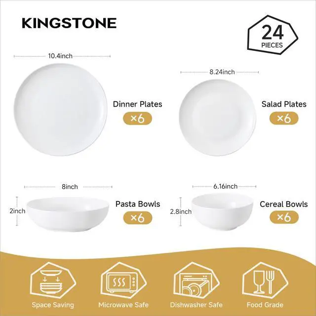 Alt view image 2 of 7 - KINGSTONE Bone China Dinnerware Set for 6, 24-Piece Plates and Bowls Set | Lightweight Porcelain Dish Set, Scratch Resistant, Durable Ceramic, Oven & Microwave & Dishwasher Safe, Ivory White