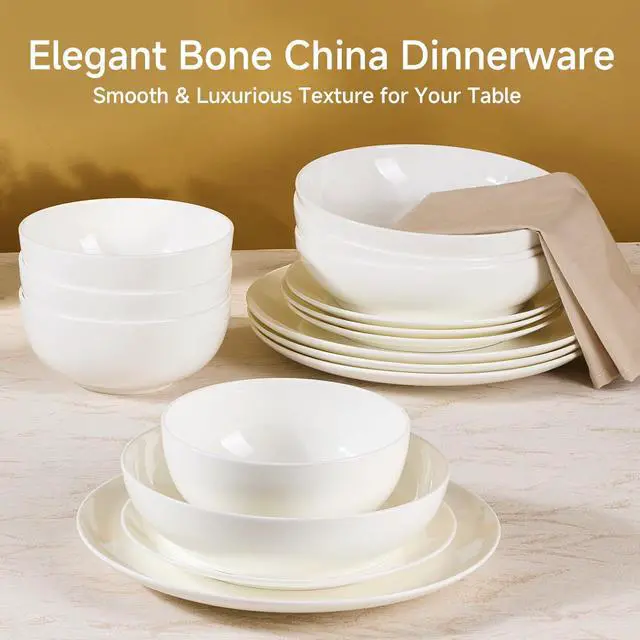 Alt view image 3 of 7 - KINGSTONE Bone China Dinnerware Set for 6, 24-Piece Plates and Bowls Set | Lightweight Porcelain Dish Set, Scratch Resistant, Durable Ceramic, Oven & Microwave & Dishwasher Safe, Ivory White