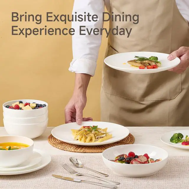 Alt view image 5 of 7 - KINGSTONE Bone China Dinnerware Set for 6, 24-Piece Plates and Bowls Set | Lightweight Porcelain Dish Set, Scratch Resistant, Durable Ceramic, Oven & Microwave & Dishwasher Safe, Ivory White