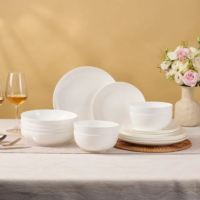 Alt view image 7 of 7 - KINGSTONE Bone China Dinnerware Set for 6, 24-Piece Plates and Bowls Set | Lightweight Porcelain Dish Set, Scratch Resistant, Durable Ceramic, Oven & Microwave & Dishwasher Safe, Ivory White