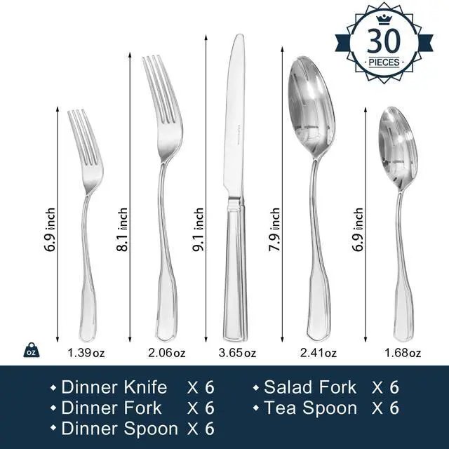 Alt view image 2 of 7 - KINGSTONE 30 Piece Silverware Set for 6, 18/10 Stainless Steel | 18/10 Stainless Steel, Mirror Polished, Dishwasher Safe, for Family Meals & Parties