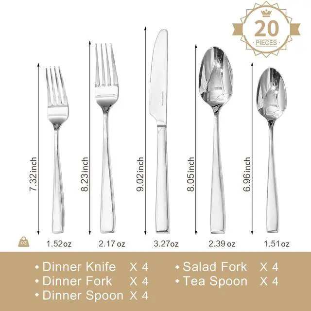 Alt view image 2 of 7 - KINGSTONE Mirror Polish Silverware Set for 4, 20-Piece 18/10 Stainless Steel Flatware Set, Dishwasher Safe Cutlery Set for Wedding, Home, Restaurant, Knives Spoons and Forks Set