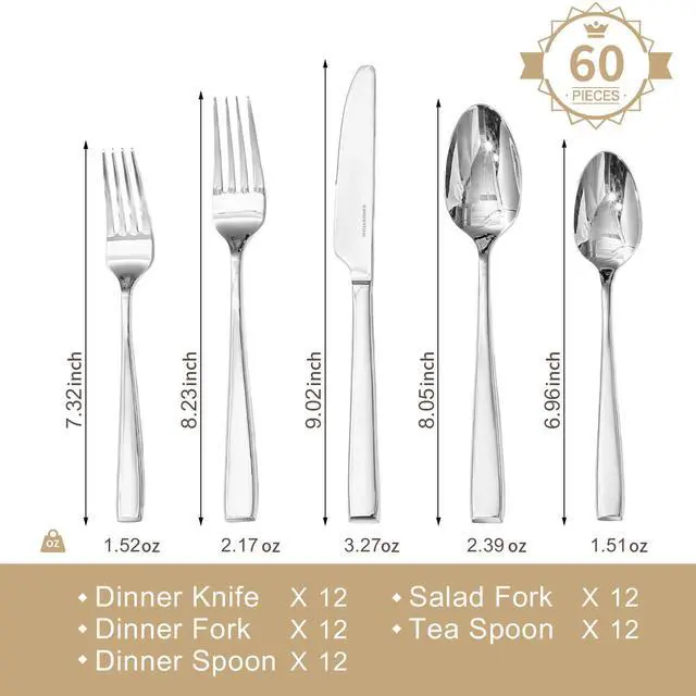 Alt view image 2 of 7 - KINGSTONE Mirror Polish Silverware Set for 12, 60-Piece 18/10 Stainless Steel Flatware Set, Dishwasher Safe Cutlery Set for Wedding, Home, Restaurant, Knives Spoons and Forks Set
