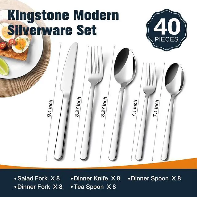 Alt view image 4 of 7 - 40-Piece Forged Silverware Set for 8, 18/10 Stainless Steel Mirror Finish | Flatware Set, Carved Thick Handles, Smooth Edges, Dishwasher Safe, Heavy Duty, for Home Kitchen, Wedding & Housewarming