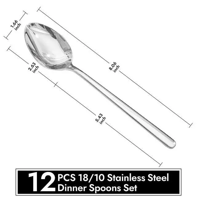 Alt view image 2 of 7 - KINGSTONE 8 Inch 18/10 Stainless Steel Spoon Dinner Spoons Set of 12 and 8.9-Inch Dinner Knives Set of 12, Spoons and Dinner Knives for Home, Kitchen, Weddings, Parties or Restaurant, Dishwasher Safe