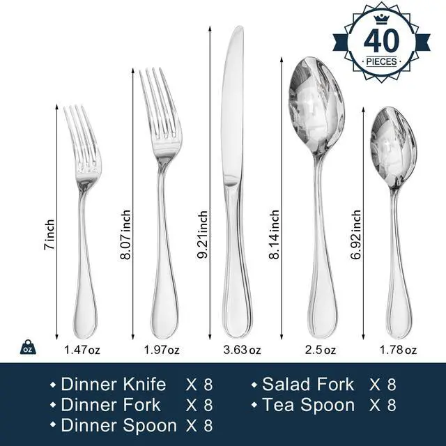 Alt view image 5 of 7 - KINGSTONE Large Hostess Serving Utensils Sets and 40 Piece Teardrop Silverware Set for 8