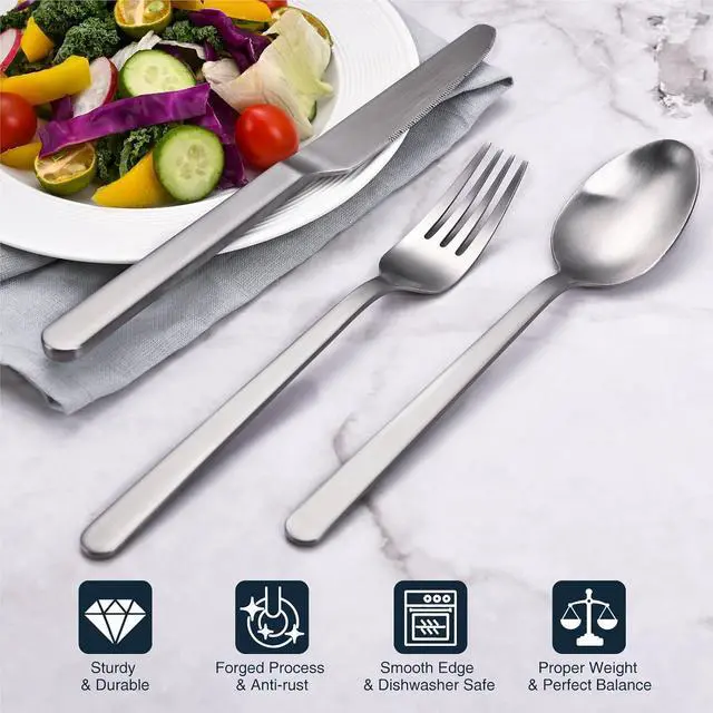 Alt view image 3 of 7 - Matte Silver 30-Piece Forged Flatware Set for 4, 18/10 Stainless Steel | Flatware Set, Satin Finish, Carved Thick Handles, Smooth Edges, Dishwasher Safe, for Home, Wedding & Housewarming