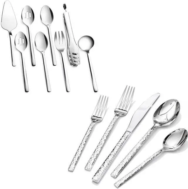 Main image of KINGSTONE 40 Piece Hammered Silverware Set and 8 Piece Serving Utensils Set