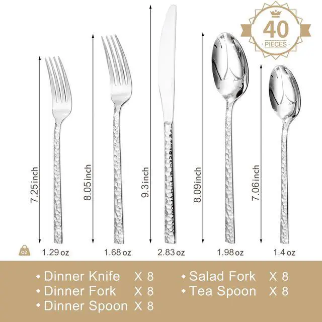 Alt view image 2 of 7 - KINGSTONE 40 Piece Hammered Silverware Set and 8 Piece Serving Utensils Set
