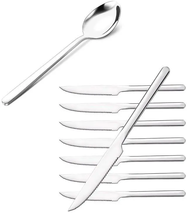 Main image of KINGSTONE 12 PCS Stainless Steel Dinner Spoons & 8 PCS Stainless Steel Steak Knives