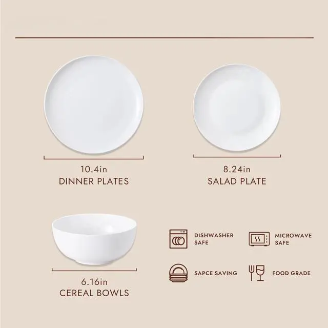 Alt view image 4 of 7 - KINGSTONE Bone China Dinnerware Set for 2, 6-Piece Plates and Bowls Set | Lightweight Porcelain Dish Set, Scratch Resistant, Oven & Microwave & Dishwasher Safe, Ivory White