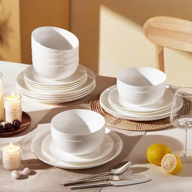 Alt view image 6 of 7 - KINGSTONE Bone China Dinnerware Set for 2, 6-Piece Plates and Bowls Set | Lightweight Porcelain Dish Set, Scratch Resistant, Oven & Microwave & Dishwasher Safe, Ivory White