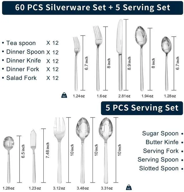 Alt view image 2 of 7 - KINGSTONE Silverware Set for 12 with Serving Utensil, 18/10 Stainless Steel Flatware Cutlery | Heavy Duty Steak Knife Fork and Spoon, Dishwasher Safe, Gift Package for Wedding Housewarming