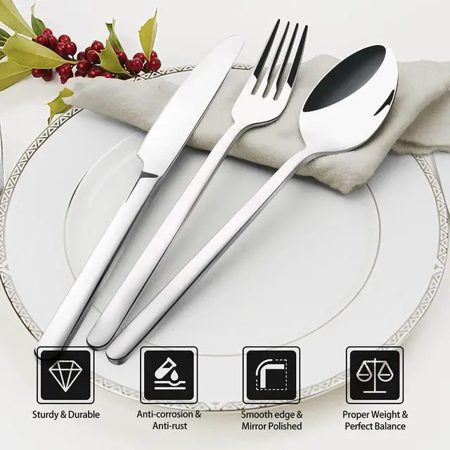 Alt view image 3 of 7 - KINGSTONE Silverware Set for 12 with Serving Utensil, 18/10 Stainless Steel Flatware Cutlery | Heavy Duty Steak Knife Fork and Spoon, Dishwasher Safe, Gift Package for Wedding Housewarming
