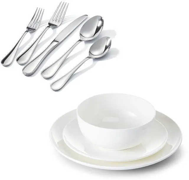 Main image of KINGSTONE 20 Piece Teardrop Silverware Set and Bone China Dinnerware Sets, 12-Piece Dinnerware Set for 4