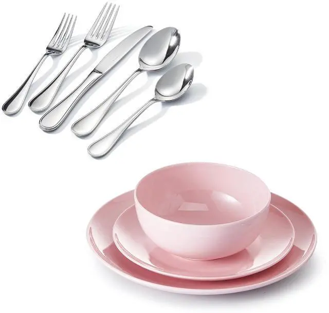 Main image of KINGSTONE 20 Piece Teardrop Silverware Set and Pink Bone China Dinnerware Sets, 12-Piece Dinnerware Set for 4
