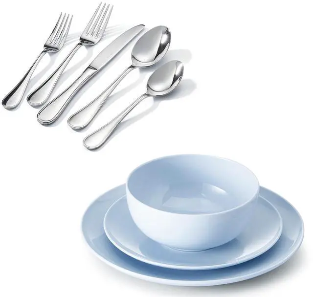 Main image of KINGSTONE 20 Piece Teardrop Silverware Set and Blue Bone China Dinnerware Sets, 12-Piece Dinnerware Set for 4