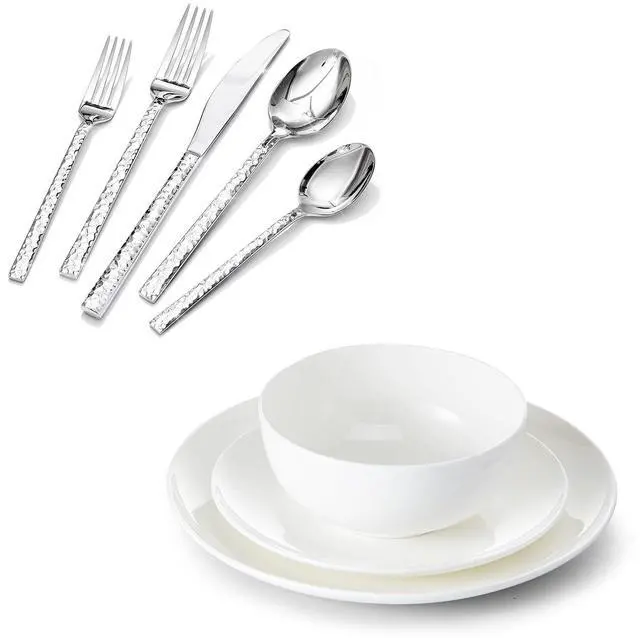 Main image of KINGSTONE 20 Piece Hammered Silverware Set and Bone China Dinnerware Sets, 12-Piece Dinnerware Set for 4