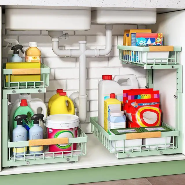 Main image of Kitstorack Under Sink Organizer, 2 Tier Under the Sink Storage, Slide out Pull out Cabinet Organizer Shelf, Metal Sliding Drawer for Kitchen Bathroom Pantry Closet Organization Rack, Green, 2 Pack