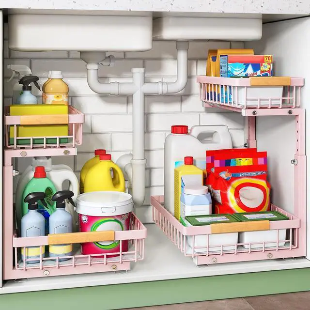 Main image of Kitstorack Under Sink Organizer, 2 Tier Under the Sink Storage, Slide out Pull out Cabinet Organizer Shelf, Metal Sliding Drawer for Kitchen Bathroom Pantry Closet Organization Rack, Pink, 2 Pack