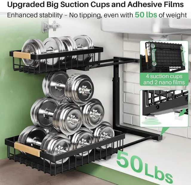 Alt view image 4 of 7 - Kitstorack Under Sink Organizer, 2 Tier Under the Sink Storage, Slide out Pull out Cabinet Organizer Shelf, Metal Sliding Drawer for Kitchen Bathroom Pantry Closet Organization Rack, Black, 1 Pack
