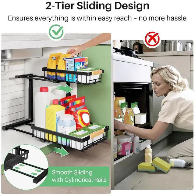 Alt view image 6 of 7 - Kitstorack Under Sink Organizer, 2 Tier Under the Sink Storage, Slide out Pull out Cabinet Organizer Shelf, Metal Sliding Drawer for Kitchen Bathroom Pantry Closet Organization Rack, Black, 1 Pack