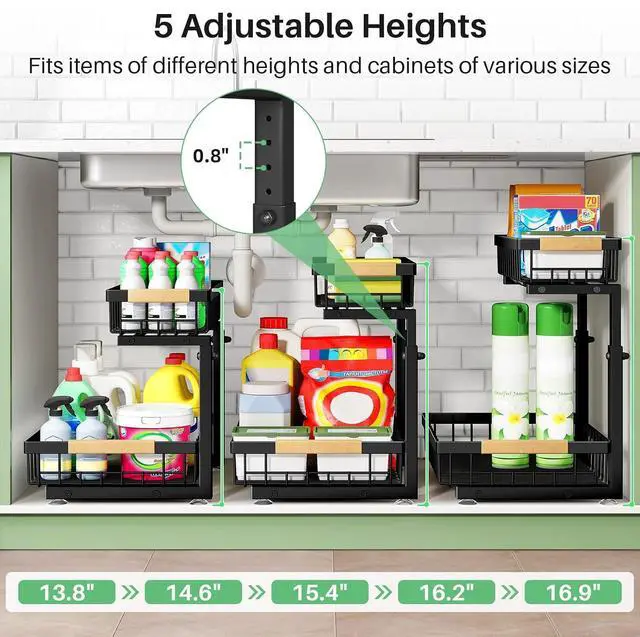 Alt view image 7 of 7 - Kitstorack Under Sink Organizer, 2 Tier Under the Sink Storage, Slide out Pull out Cabinet Organizer Shelf, Metal Sliding Drawer for Kitchen Bathroom Pantry Closet Organization Rack, Black, 1 Pack